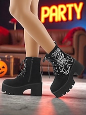 levne Pro ženy-Dámské černé vojenské boty na platformě s výšivkou pavučiny - gotické kotníkové boty se šněrováním a robustním podpatkem na halloweenskou párty, cosplay a večerní zábavu