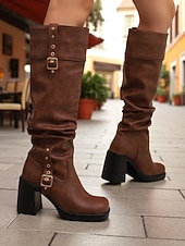 abordables Bottes souples-Bottes hautes en similicuir noir pour femme avec brides à boucle et talons carrés - Bottes tendance automne-hiver pour un usage quotidien, un style urbain et des tenues décontractées