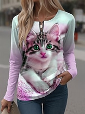 Недорогие Животные пьют-Жен. Футболка Графика Животное Винтаж На каждый день Длинный рукав Вырез под горло Зубчатая шея Обычные топы Повседневные выходные Молния С принтом Розовый Лиловый Зеленый Весна Осень Зима