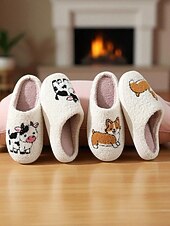 baratos Chinelos de mulher-Pantufas femininas de lã sintética branca com estampa fofa de corgi – chinelos confortáveis de inverno para casa, quarto e sala de estar