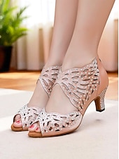 economico Scarpe per balli latini-scarpe da ballo da donna con punta aperta, strass e tacco basso color carne - calzature professionali per feste da ballo Gatsby