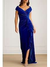 preiswerte Abendkleider-A-Linie Schlauchkleid Abendkleid Elegant Kleid Formell Hochzeit Bodenlang Kurzarm V Ausschnitt Tasche Stretch Satin mit Schleife(n) 2025