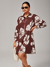 economico Abiti floreali-vestito-camicia da donna in rayon filato con maniche raglan, elastico in vita regolabile e stampa floreale marrone