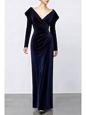 economico Vestiti da sera-abito da sera elegante blu nero con scollo a V, lungo fino al pavimento, in velluto con volant e pieghe, 2025