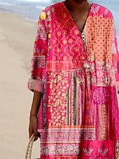 ieftine Rochii boho-Pentru femei Rochii Midi Rochie de Vară Rochie casual Rochie A line Vacanță Casual Boho Plajă Petrecere Concediu Potrivire Largă Floral Grafic Imprimeu Paisley Manșon Lung În V Albastru piscin