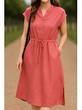 abordables Chemises-Femmes Robe Midi Robe trapèze Robe d&#039;été Occasionnel Quotidien Coupe régulière Uni Manche Courte Col montant Jaune Rouge Été