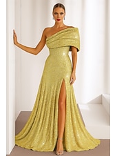 cheap Empire Waist Evening Dresses-Sequined Gold Black A-Line Cocktail Dresses Elegant Dress Formal Wedding Floor Length Sleeveless One Shoulder Sequined with Glitter 2025