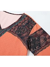 billige Boho topper-Dame Boho skjorte Bluse Blomsternål i krystall Moderne Bohem Langermet V-hals Vanlige topper Ferie Ut på byen Trykt mønster Svart Rød Oransje Mørkegrå Aprikos Sommer