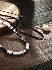 Недорогие Мужские украшения-Мужской комплект из 3-х пляжных ожерелий: черные и белые бусины из смолы, подвеска из ракушек и цепочка из вощеной веревки — украшения в стиле серфера для лета, фестивалей и повседневных образов.