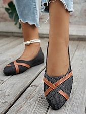 cheap Women&#039;s Flats-Women&#039;s Dark Blue Denim and Faux Leather Crisscross Flats – Vintage-Inspired Casual Ballerina Shoes for Daily Wear &amp; Weekend Styling
