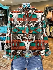 olcso Női Boho Felsők-Női Ing Grafika Mértani Elegáns Csehország Napi Hosszú ujj Állógallér Normál felsők Munka Napi Gombok Nyomtatott Sárga Rubin Medence Barna Lóhere Tavasz Ősz Tél