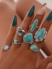 Women's Turquoise Ring Set - Multi-Piece Set of Vintage Bohemian Alloy Jewelry for Women's Holidays, Beach Vacations and Everyday Wear cheap Women's Rings-Women's Turquoise Ring Set - Multi-Piece Set of Vintage Bohemian Alloy Jewelry for Women's Holidays, Beach Vacations and Everyday Wear