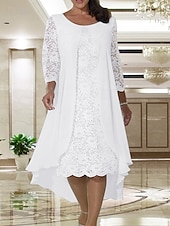 preiswerte Mit Jacke-Beach Wedding A-Linie Mutter der Braut Kleid Hochzeitsgast elegantes Plus Size Juwelenausschnitt knielang Chiffon Spitze Langarm mit Spitze maßgeschneiderte Größe ohne Aufpreis