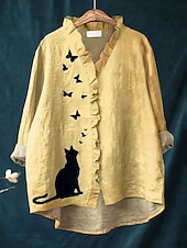 billige Dyr Topp-Dame Bluse Grafisk Katt Sommerfugl Elegant Bohem Aktiv Langermet V-hals Lange topper Daglig Ferie Ut på byen Drapering Gul Rosa Blå Lilla Grønn Vår Høst