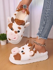 ieftine Flip-Flops de Damă-Papuci drăguți de pluș pentru femei, cu model de vacă, cu design 3D cu animale și căptușeală moale – pantofi confortabili de iarnă pentru casă și cadouri de sărbători