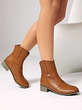 abordables Cowboy y botas occidentales-Botines de piel sintética color vino tinto para mujer: botas cortas de tacón bajo estilo western informal para el trabajo, viajes y atuendos cotidianos.