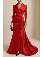 economico Vestiti da sera-Sirena / Tromba Abito da Sera Elegante Vestito Formale Matrimonio Lunghezza al pavimento Manica 3/4 Bavero Raso Elasticizzato con Pieghe Volant 2025