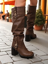 abordables Bottes souples-Bottes hautes en similicuir noir pour femme avec brides à boucle et talons carrés - Bottes tendance automne-hiver pour un usage quotidien, un style urbain et des tenues décontractées