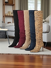 abordables Bottes souples-Bottes hautes pour femmes, style jambe large, convertibles au-dessus du genou, bottes à talon aiguille à bout pointu en daim pour des tenues de mode décontractées urbaines