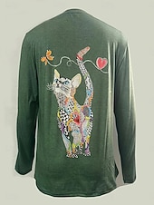 Χαμηλού Κόστους Ζώα tee-Γυναικείo T-shirt Μακρύ Μανίκι Λουλουδάτο Γραφικό Γάτα Vintage Στυλάτο Κλασικό Μακρύ Μανίκι Crew Neck Κανονικά Top Ημερήσια Εκτύπωση Μαύρο Μπλε Πράσινο Άνοιξη Φθινόπωρο Προφθινόπωρο