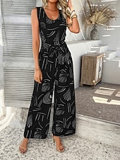 cheap Vacation Jumpsuit-Women's Normal Jumpsuit Active Geometric Sleeveless Wide Leg V Neck Lace up Print Daily Vacation Loose Fit Black Red Green Summer