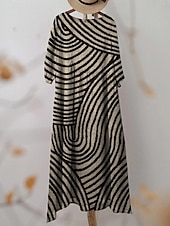 abordables Robe Rayée et Géométrique-Robe maxi femme Kaftan à manches 3/4 col rond robe décontractée robe shift A-line robe Boho quotidienne rendez-vous sortie géométrique brun foncé jaune rouge violet