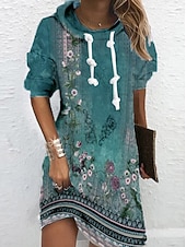 preiswerte Blumenkleid-Damen Hoodiekleid Minikleid Etuikleid Etuikleid Party Casual Boho Outdoor Home Sport Regular Fit Blumen Grafik Langarm Kapuze Blau Grün Frühling Herbst Winter