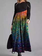 preiswerte Streifen- und geometrisches Kleid-Damen Midikleid A Linie Kleid Lässig Täglich Normale Passform Grafik Geometrisch Farbblock Langarm V Ausschnitt Dunkelbraun Gelb Blau Braun Frühling Herbst Winter