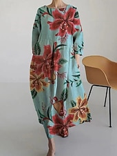 billiga Blommig klänning-Dam Maxiklänning A linjeklänning Fit And Flare Klänning party Ledigt Boho Fest Bröllopsgäst Dagligen Lös passning Blommig Grafisk Långärmad Rund hals Vit Blå Grön Vår Höst Vinter