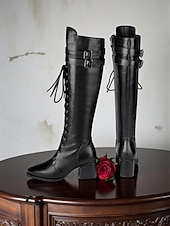 お買い得  ファッションブーツ-女性用本革ニーハイブーツ、高級牛革素材、レースアップとバックルのディテール、ブロックヒール、女性用都会的なカジュアルファッションフットウェア