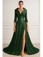 cheap A-Line Evening Dresses-A-Line Floor Length Evening Gown Ball Gown Formal Dress Elegant Glittering Silky Half Sleeve Lapel Formal Wedding Belt / Sash Sequined with Glitter Pleats