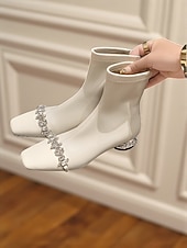 お買い得  足首ブーツ-クリスタル装飾のローヒールとラインストーンストラップが付いたレディースブラックアンクルブーツ、エレガントで都会的な高級パーティーシューズ