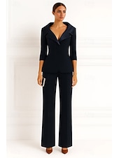 economico Tailleur pantalone della mamma-tuta due pezzi / tailleur pantalone tailleur pantalone abito da madre della sposa in crepe elasticizzato per invitata al matrimonio elegante semplice revers in raso lunghezza pavimento manica lunga