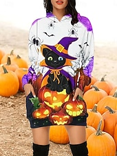 tanie Strój na Halloween-Damskie Sukienka mini Sukienka trapezowa Codzienny Urlop Święto Weekend Regularny Graficzny Kot Dynia Długi rękaw Kaptur Biały Fioletowy Pomarańczowy Jesień Zima