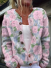 preiswerte Strickjacken und Oberbekleidung-Damen Strickjacke Pullover Mit Wabenstruktur Knopfleiste Rundhalsausschnitt Langarm Leicht Damen Mode Alltag Lässig Blumengrafik Knopfprint Strick Outdoor Alltag Date Pink Orange Herbst Winter