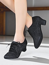 baratos Ténis de Dança-Sapatos de dança brancos com cadarço para mulheres - calçados de salão de salto grosso e brilhante com design de malha respirável para prática e performance