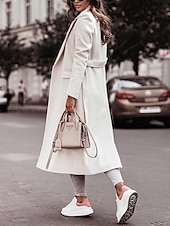 abordables Manteaux d&#039;Hiver-Femmes Manteau Trench Chaud Confortable Avec Poches Mode Moderne Occasionnel Uni Sortir Week-end Simple Boutonnage Long Col Rabattu Coupe régulière manche longue Vêtements d&#039;extérieur Noir Blanche