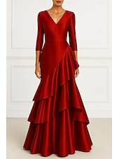 baratos Vestidos de noite com cintura império-Linha A Vestidos de noite Elegante Traje formal Formal Casamento Longo Manga Longa Decote V Cetim com Pregas Fru-Fru 2025