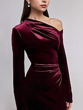 preiswerte Schlauch-Abendkleider-schwarze Krawatte Stretch-Samt Etuikleid/Säule Abendkleid elegantes Kleid formelle Hochzeit bodenlang langarm eine Schulter mit Falten 2025