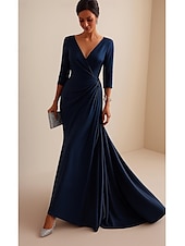 economico Vestiti da sera-Sirena / Tromba Tubino / Colonna Abito da Sera Elegante Vestito Formale Matrimonio Lunghezza al pavimento Manica 3/4 Scollo a V Raso Schiena a V con Volant 2025