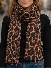 abordables Bufandas de mujer-Bufanda con borlas y estampado de leopardo para mujer: chal extragrande, suave y ligero con flecos, estilo bohemio chic para otoño/invierno, atuendos casuales, oficina, viajes y regalos.