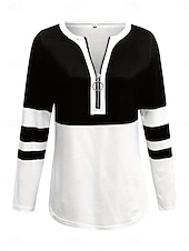 cheap Stripe&amp;Geometric tee-Women's T shirt Long Sleeve Graphic Color Block Striped Elegant Vintage Stylish Long Sleeve V Neck Regular Tops Daily Weekend Zipper Print Black Red Royal Blue Spring Fall Prefall