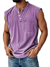  Vintage-Tanktop für Herren, 100 % Baumwolle, Acid-Wash-Optik, ärmelloses Unterhemd, Henley-Shirt, schlichtes Sommer-Design, Basic-Tasche, Knöpfe, Urlaub, Streetwear, schwarzes T-Shirt für Herren