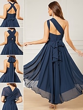 billiga Bröllopsgästklänningar-A-linjeformade Bröllops Gäst Klänningar Elegant Klänning Formal Bröllops Fest Te Längd utan Ärmar En Axlar Höst Bröllops Gäst Chiffon med Rynkning