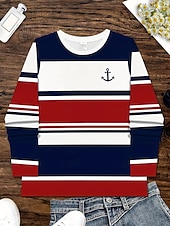 ieftine Tricou cu dungi și geometric-Pentru femei Tricou Grafic Geometric Dungi Epocă Stilat Clasic Manșon Lung Stil Nautic Rotund Topuri obișnuite Zilnic Imprimeu Bleumarin Primăvară Toamnă Iarnă