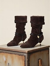 levne Slouch Boots-Dámské semišové kozačky v moka hnědé barvě do půli lýtek s pleteným páskem, překlápacím designem a kotníkovými podpatky, městská ležérní módní obuv pro každodenní streetwear.