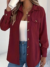preiswerte Damen Einfache Oberteile-Damen Hemd Textur Bluse Bluse Einfach Modern Lässig Langarm Hemdkragen Normale Oberteile Täglich Ausgehen Tasche Knöpfe Schwarz Wein Khaki Herbst