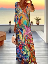 billiga Boho-klänning-Dam Midiklänning T shirtklänning A linjeklänning Semester Ledigt Boho Dagligen Helgdag Datum Normal Blommig Grafisk Geometrisk Långärmad V-hals Mörkbrun Vit Rostig röd Rubinrött Höst Vinter