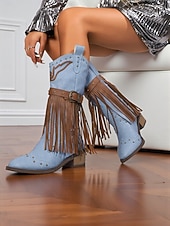 Χαμηλού Κόστους Καουμπόη και δυτικές μπότες-Γυναικείες καφέ μπότες μέχρι το γόνατο με κρόσσια από τεχνητό δέρμα, λεπτομέρειες με τρουκς και χαμηλά τακούνια, μποέμ παπούτσια σε στιλ καουμπόι γουέστερν