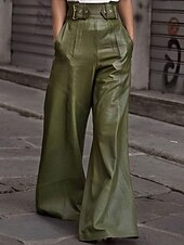 economico gamba larga e vita alta-Per donna Gamba larga Pantaloni di pelle Streetwear Casual Lunghezza intera Naturale Semplice Tasca Elastico in vita Confortevole All&#039;aperto Vacanza Ferie Nero Verde militare Autunno Vestibilit